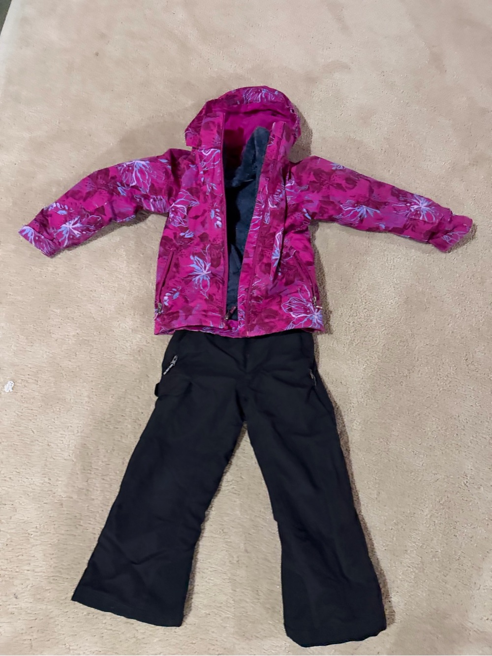 Girls Magenta Floral Winter Jacket and Black Snow Pants Set